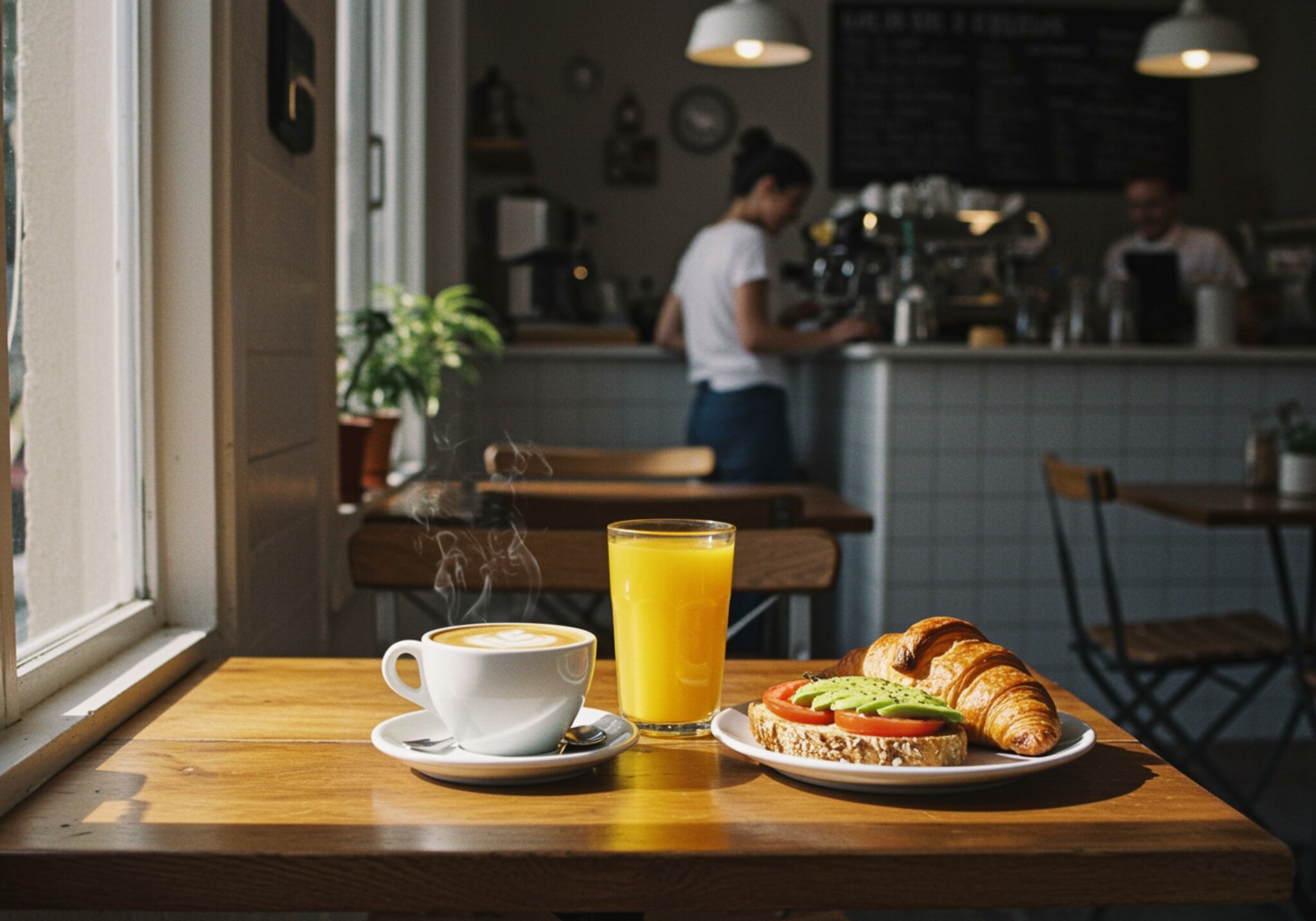 imagen12 2 "Interior acogedor del café 'Luna y Sol' con café, jugo de naranja, croissant y tostadas, creando un ambiente cálido y acogedor."